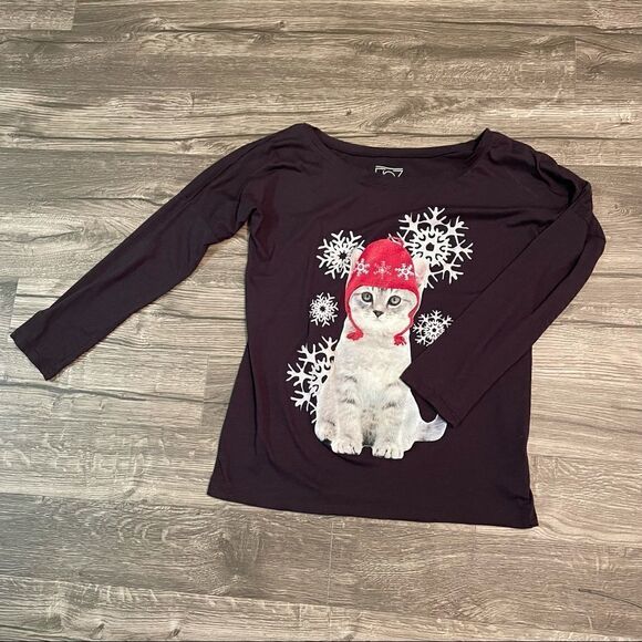 2/$30 FRZ Grey Holiday Kitten Snowflake Graphic Long Sleeve T-Shirt - Picture 2 of 11